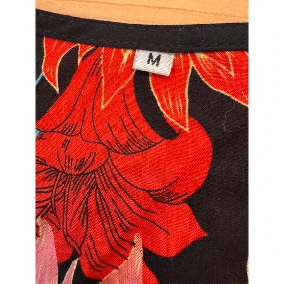 Floral Rayon V-Neck Button Front Dress Black Multi Smocked Waist Tassel Size M - Picture 7 of 7